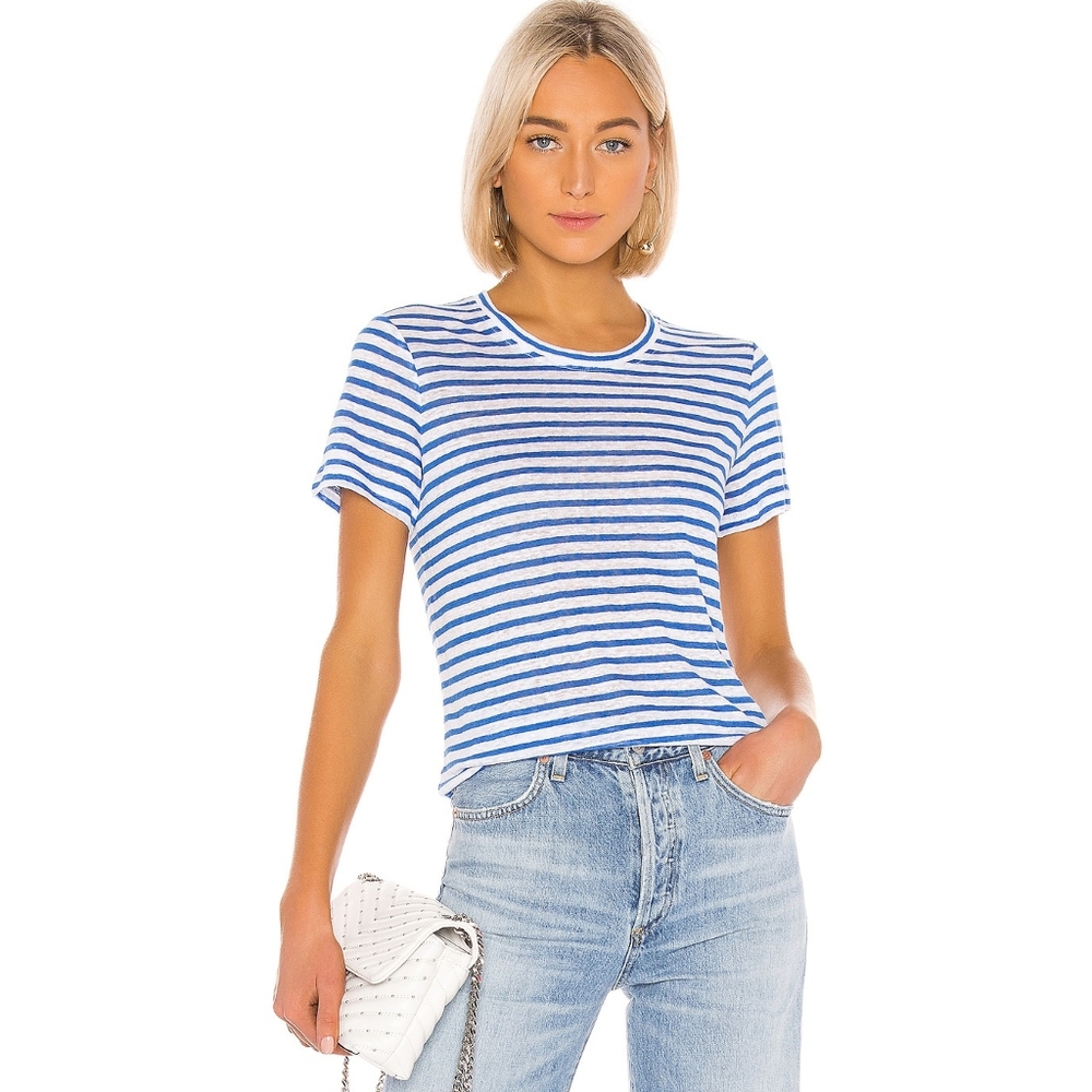 Michael Stars Linen Colleen Tee Classic Fit T-Shirt Blue White Stripe Size XS